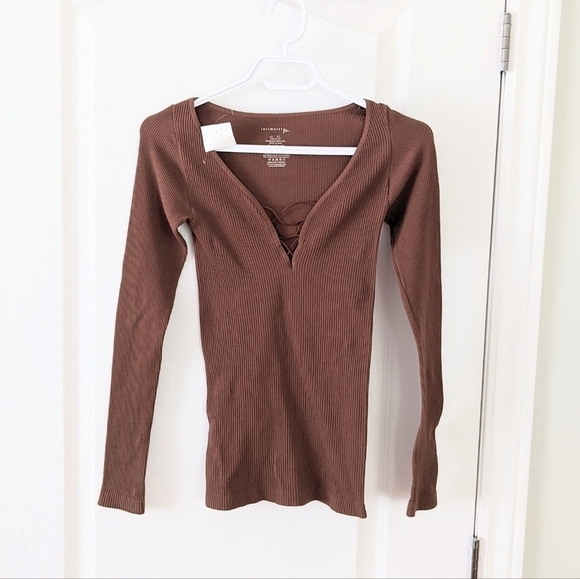 Free People Casual Friday ribbed lace Long Sleeve cappuccino brown large - Picture 10 of 10